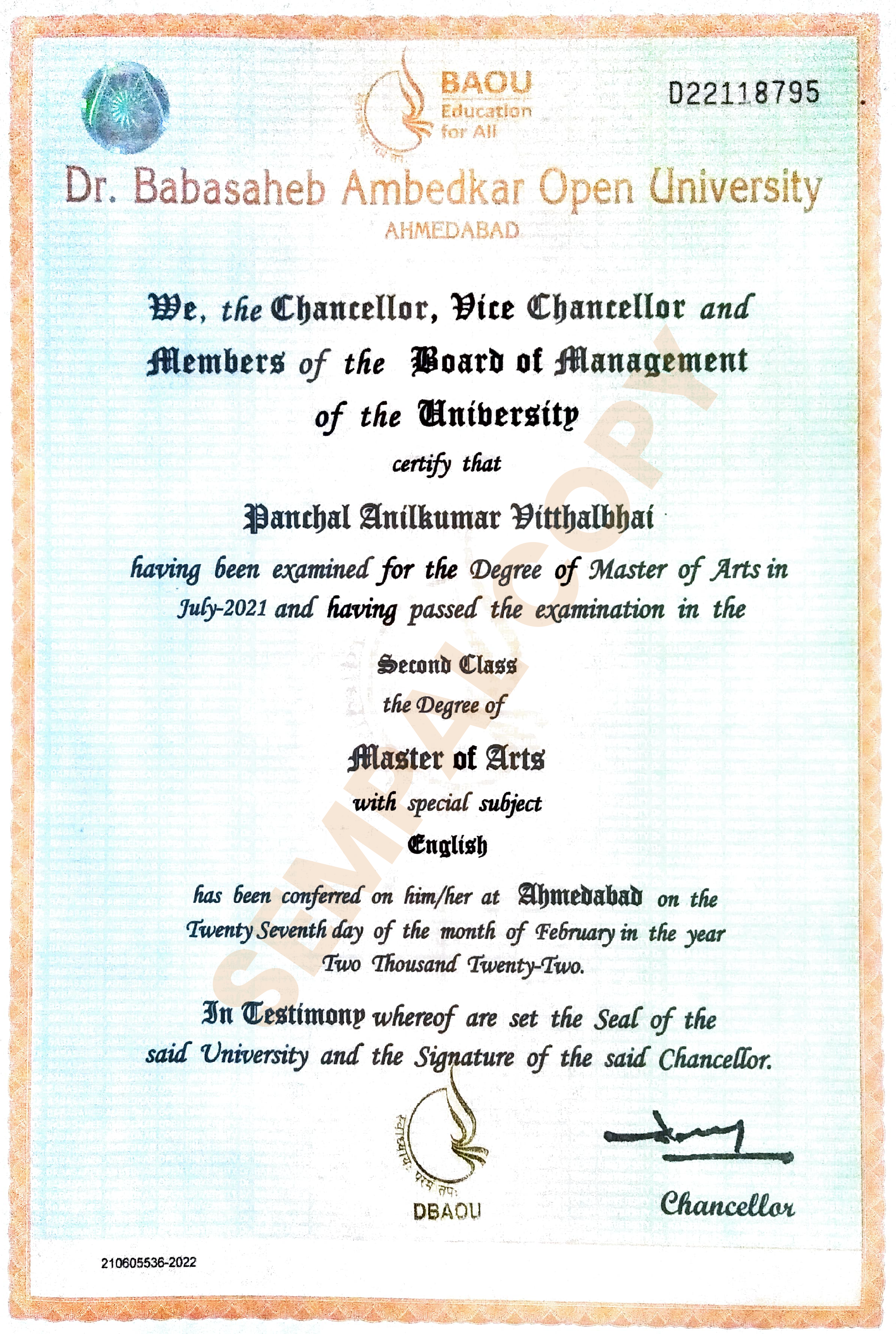 Sample BAOU degree certificate